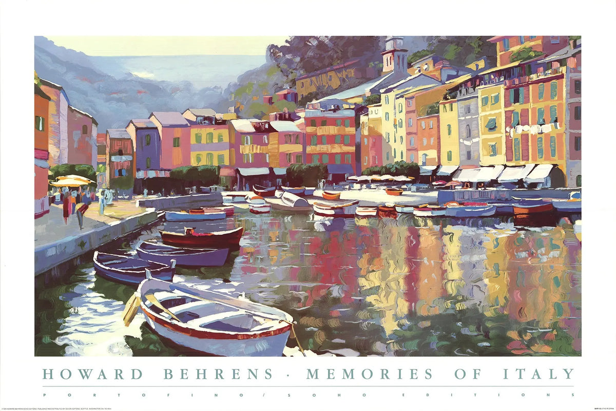Howard Behrens Memories of Italy 1993 Mediterranean landscape art poster featuring scenic coastal views and vibrant colors.