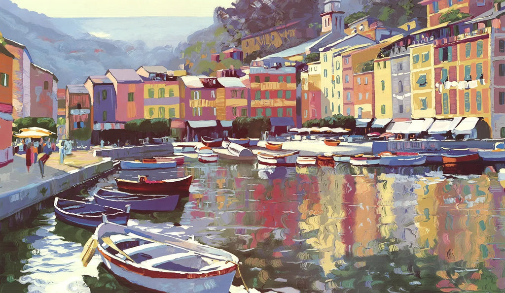 Howard Behrens Memories of Italy 1993 Mediterranean landscape art poster showing vibrant coastal scenery and colorful buildings.