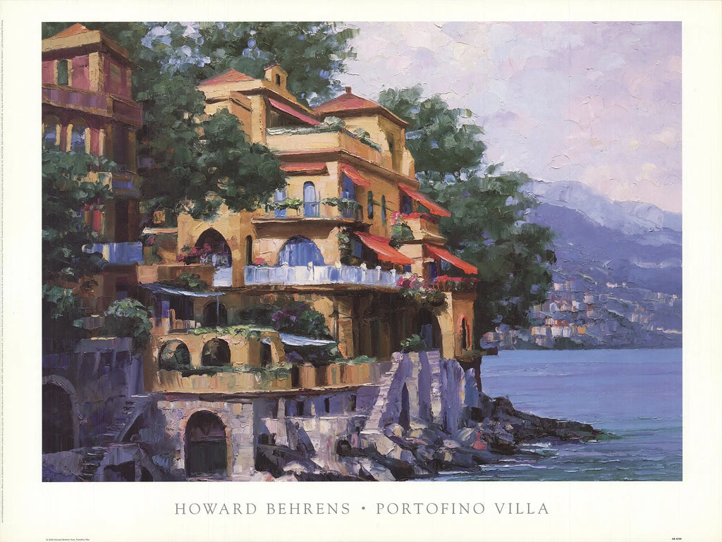 Howard Behrens Portofino Villa Mediterranean art print poster featuring scenic Italian Riviera coastline and vibrant seaside scenery.