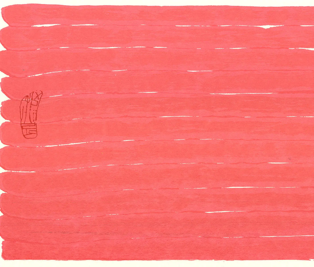 Red abstract modern lithograph art poster by Hsiao Chin, featuring bold shapes and vibrant colors in a contemporary design.