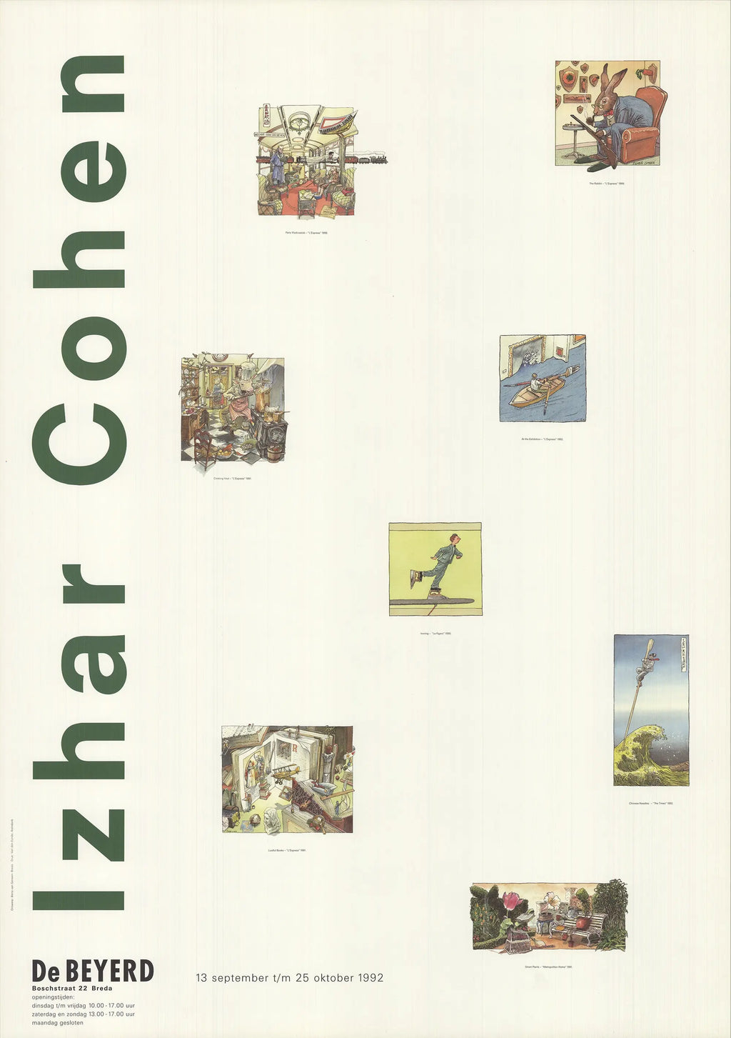 Vintage Izhar Cohen De Beyerd 1992 exhibition offset lithograph poster featuring bold artwork and vibrant colors.