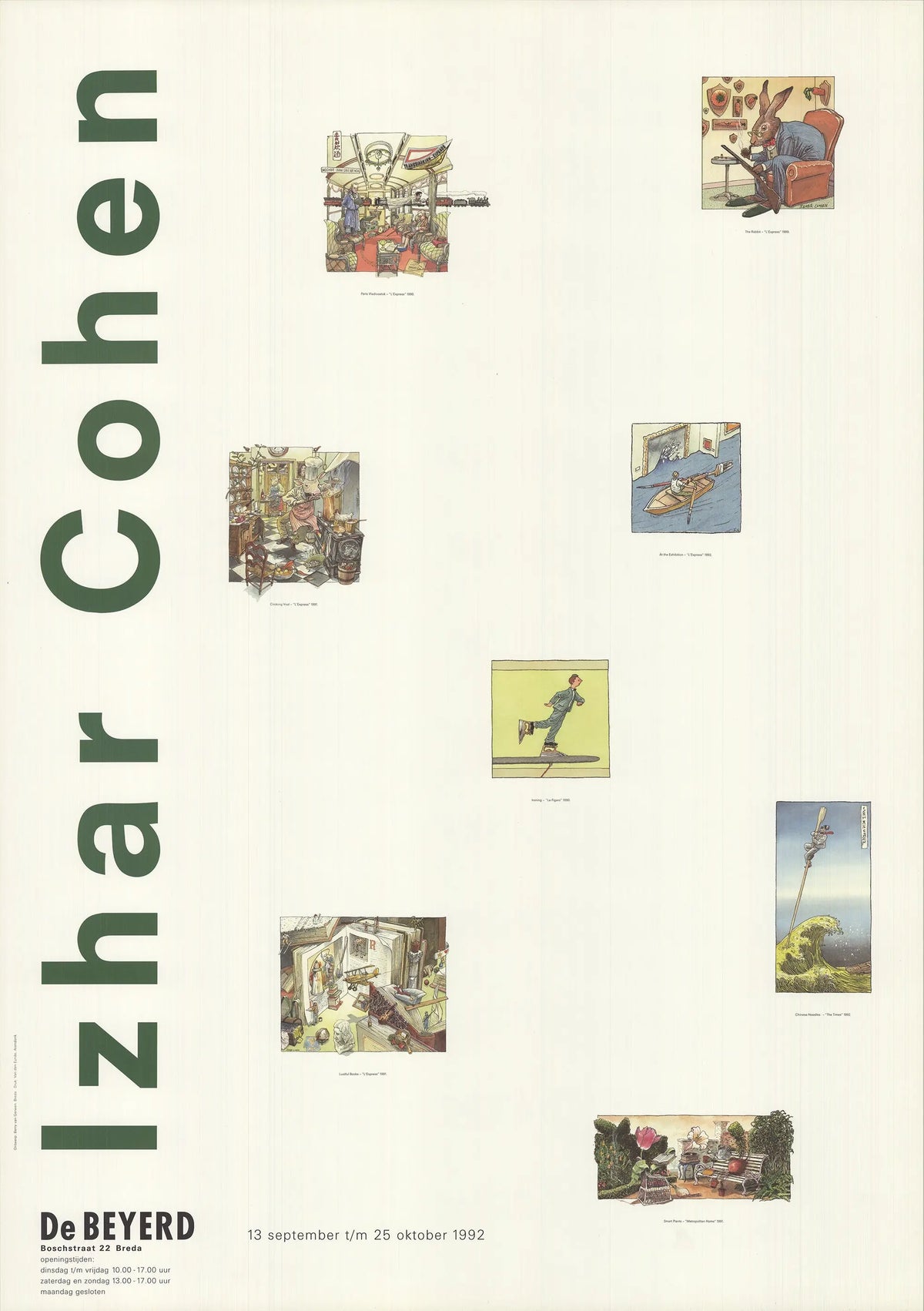 Vintage Izhar Cohen De Beyerd 1992 exhibition offset lithograph poster featuring bold artwork and vibrant colors.