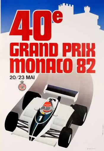 Vintage 1982 Monaco Grand Prix motorsport poster by J. Grognet featuring classic race car imagery and race details.