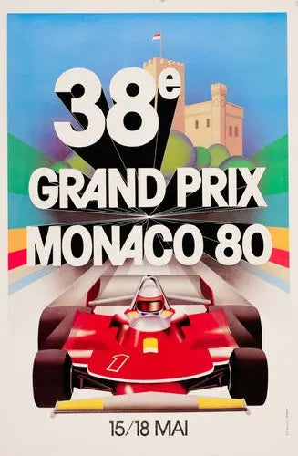 Vintage 1980 Monaco Grand Prix poster by J Grognet featuring classic race car imagery and race track scenes.