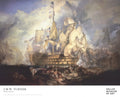 Large J.M.W. Turner The Battle of Trafalgar exhibition poster showcasing a dramatic naval battle scene.