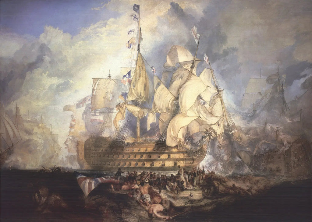 Large J.M.W. Turner The Battle of Trafalgar exhibition poster featuring a detailed maritime battle scene in vibrant colors.