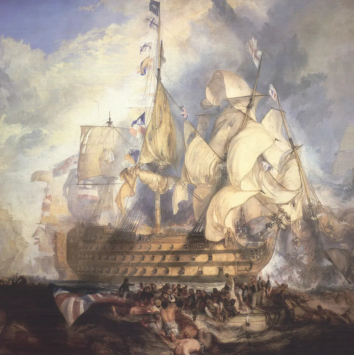 Large format J.M.W. Turner The Battle of Trafalgar exhibition poster featuring dramatic maritime battle scene artwork.