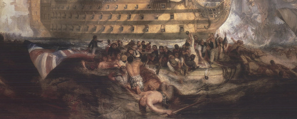 Large J.M.W. Turner The Battle of Trafalgar exhibition poster featuring detailed maritime battle scene artwork.