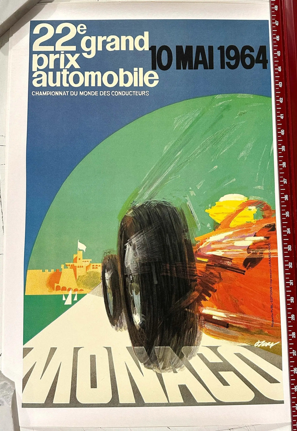 Vintage 1964 Monaco Grand Prix Formula 1 lithograph poster by J. Ramel showcasing classic race car artwork.