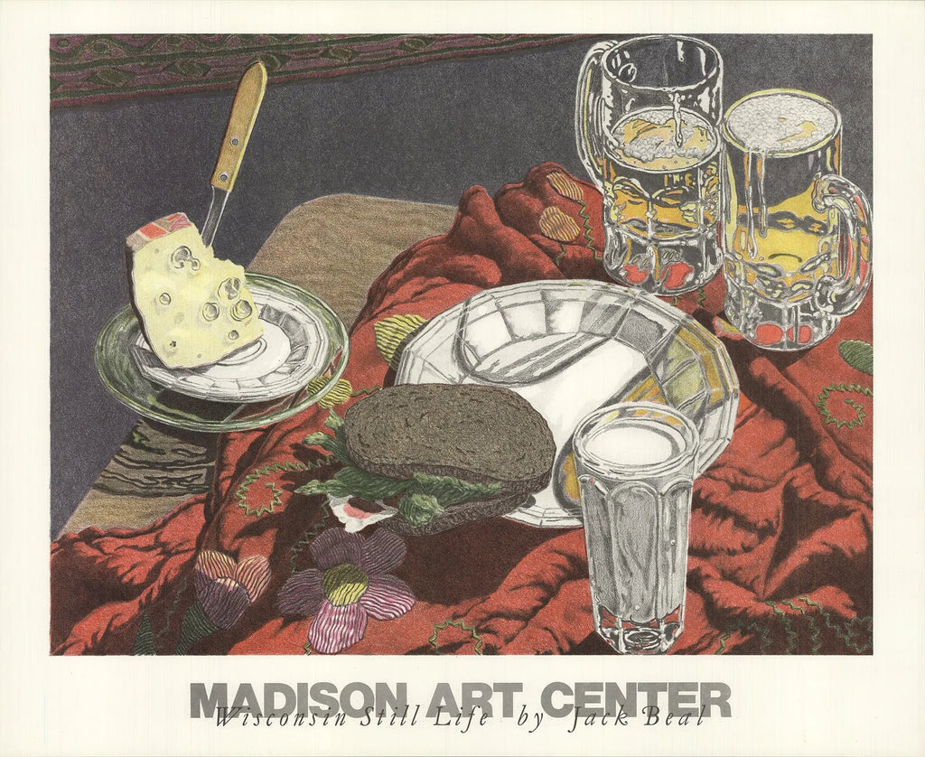 Original Jack Beal Wisconsin Still Life 1977 lithograph poster, featuring vibrant artwork from the artist's exhibition.
