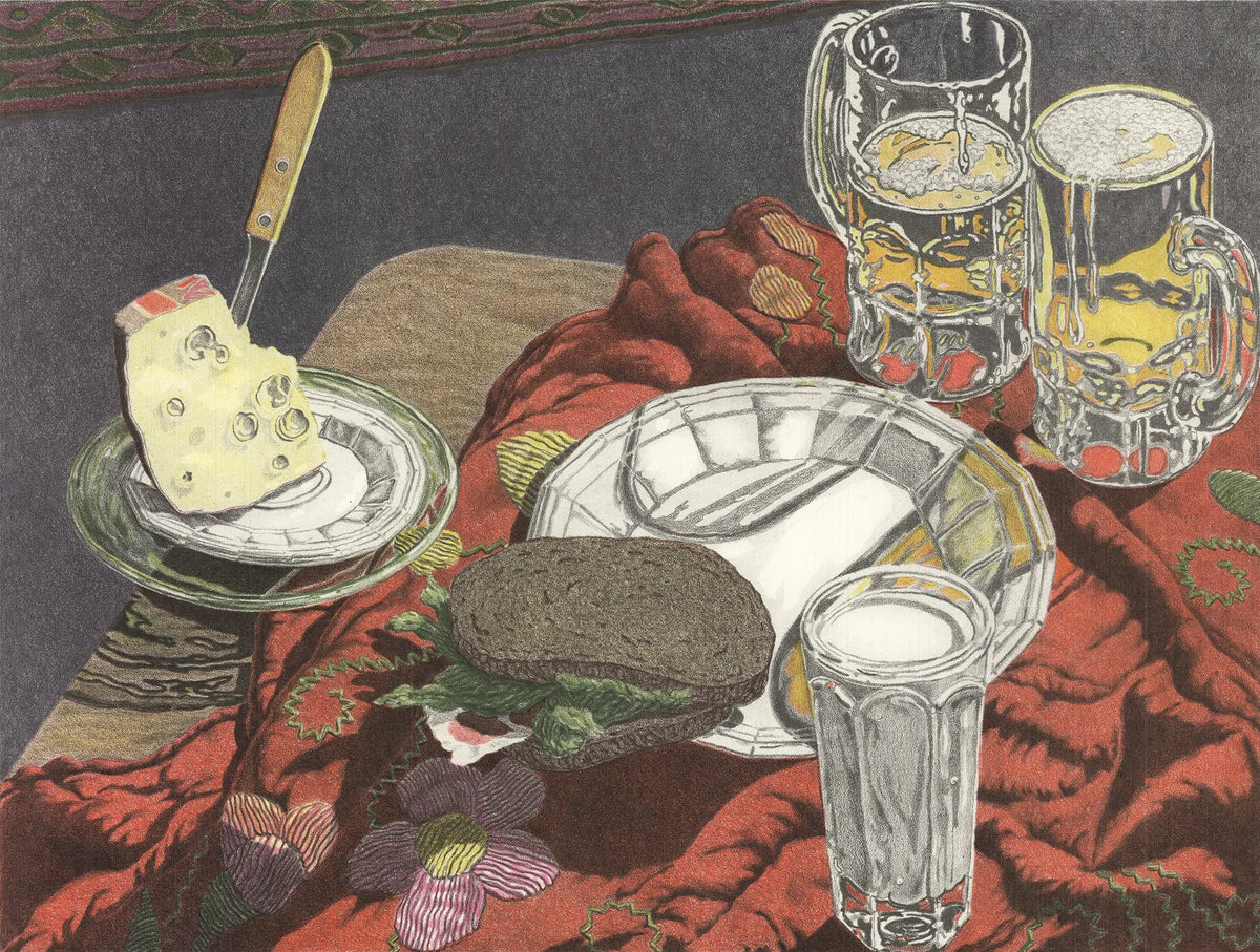Original Jack Beal Wisconsin Still Life 1977 lithograph poster, featuring vibrant artwork from the artist's exhibition.