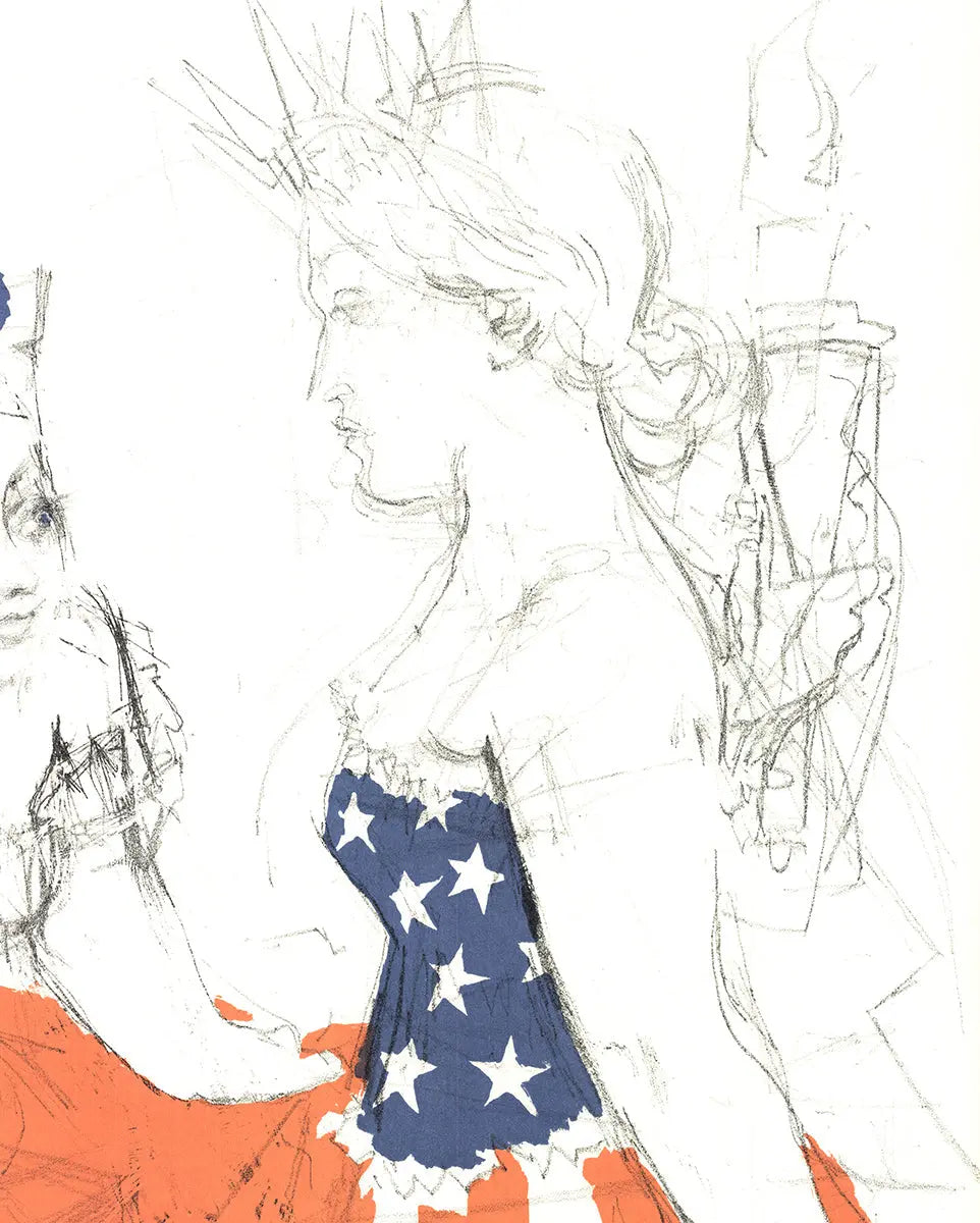 Jack Levine Marianne and The Goddess of Liberty 1967 lithograph poster featuring detailed artwork of allegorical figures and symbolic imagery.