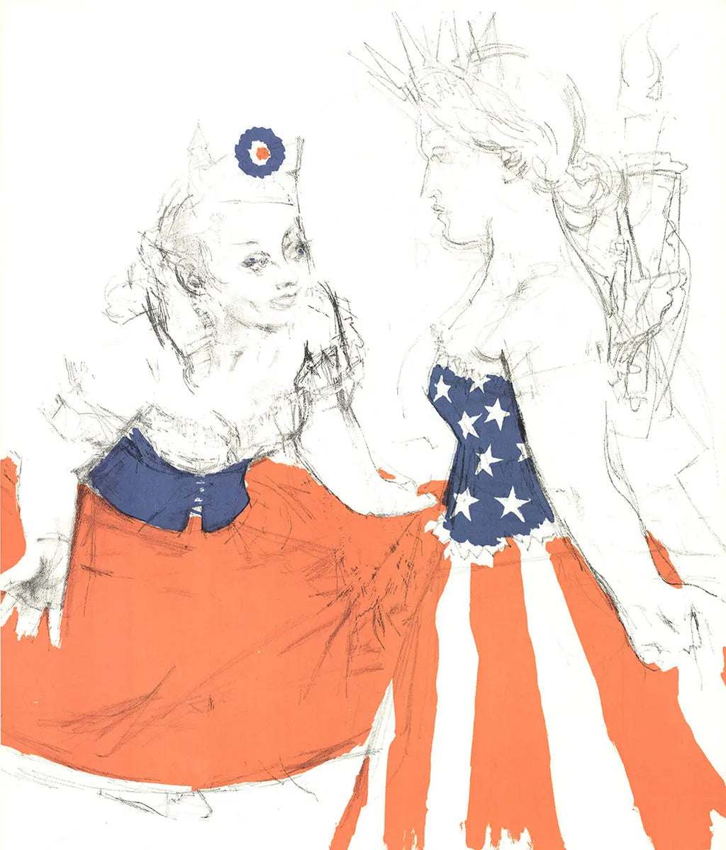 Jack Levine lithograph poster featuring Marianne and the Goddess of Liberty, 1967, with detailed artwork and vibrant colors.