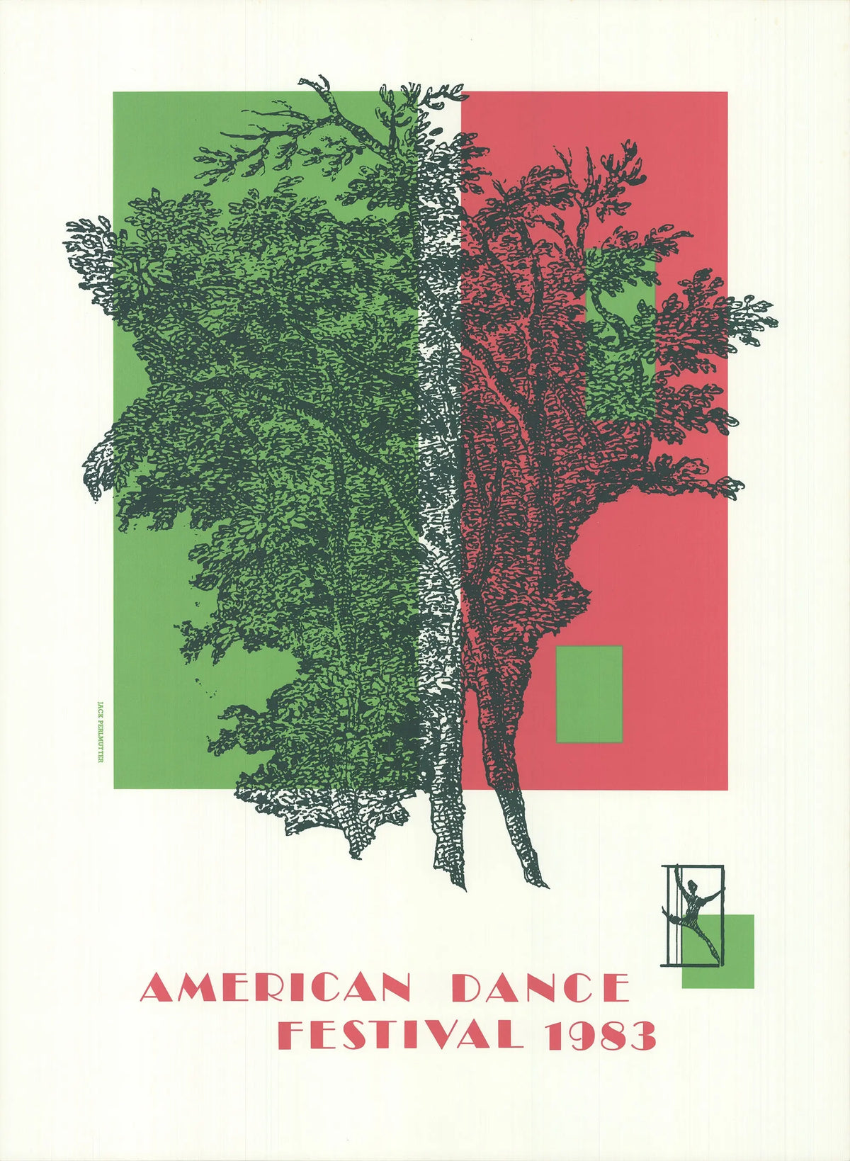 Vintage lithograph art poster by Jack Perlmutter for the 1983 American Dance Festival, featuring colorful dance-inspired illustrations.