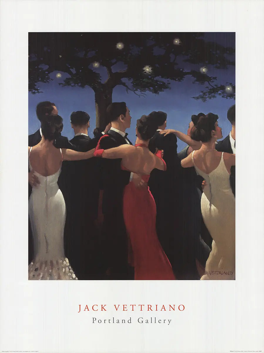 Large Jack Vettriano Waltzers 2000 offset lithograph romantic art print featuring a couple dancing in a moody, atmospheric scene.