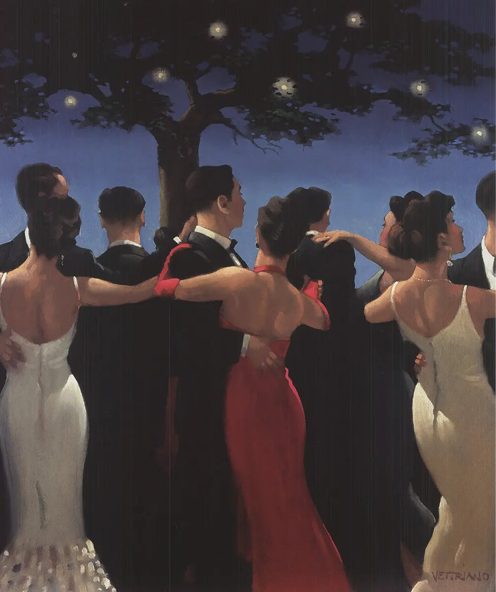 Large Jack Vettriano Waltzers 2000 offset lithograph romantic art print showing a couple dancing in a dimly lit setting.