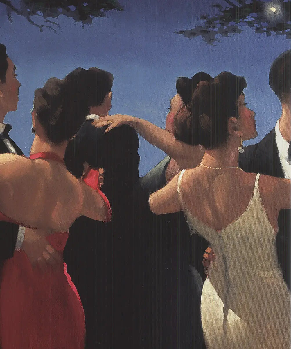 Large Jack Vettriano Waltzers 2000 offset lithograph featuring romantic art print with dancing couple, vibrant colors and detailed design.
