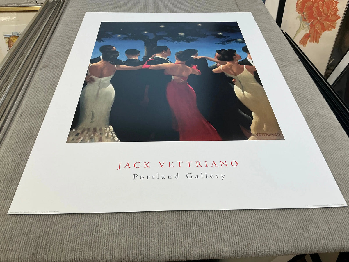 Large Jack Vettriano Waltzers 2000 offset lithograph featuring romantic scene, detailed art print with vibrant colors and classic style.