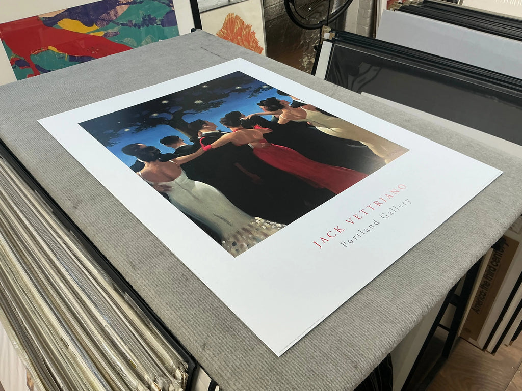 Large offset lithograph of Jack Vettriano's Waltzers 2000 romantic art print featuring a dancing couple in elegant attire.