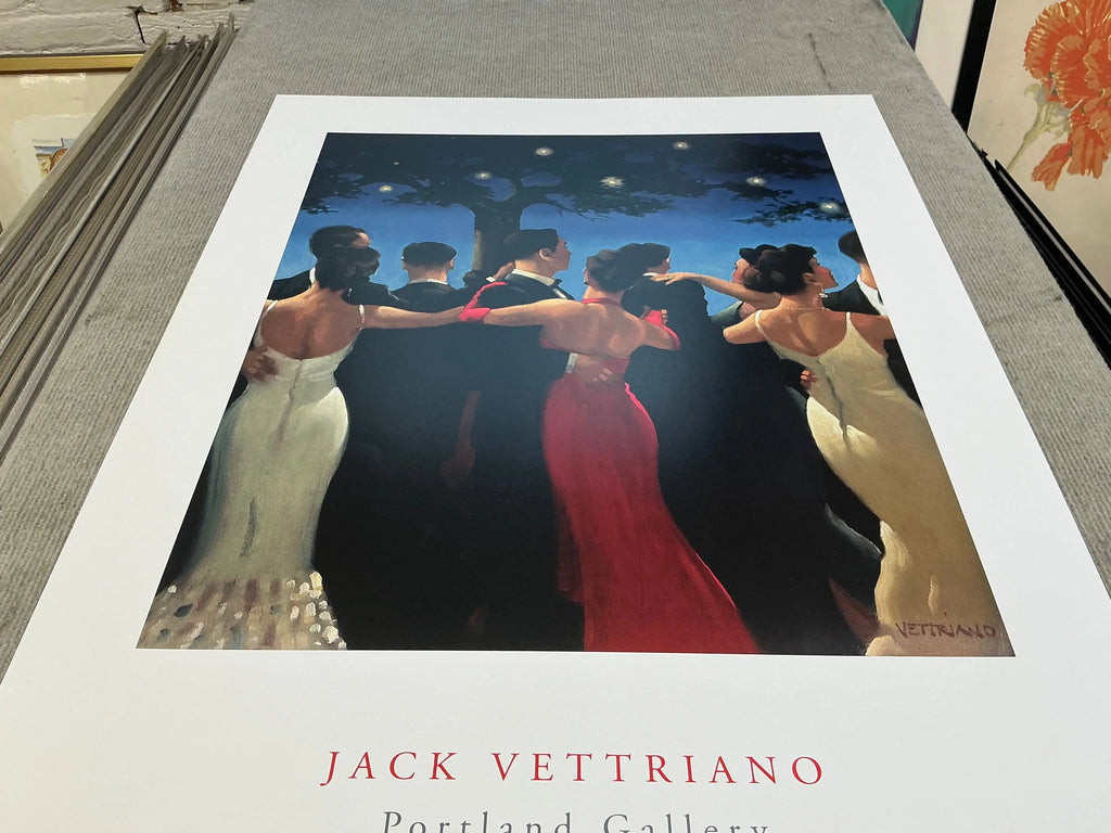 Large Jack Vettriano Waltzers 2000 offset lithograph featuring romantic art print with dancers and vibrant colors.