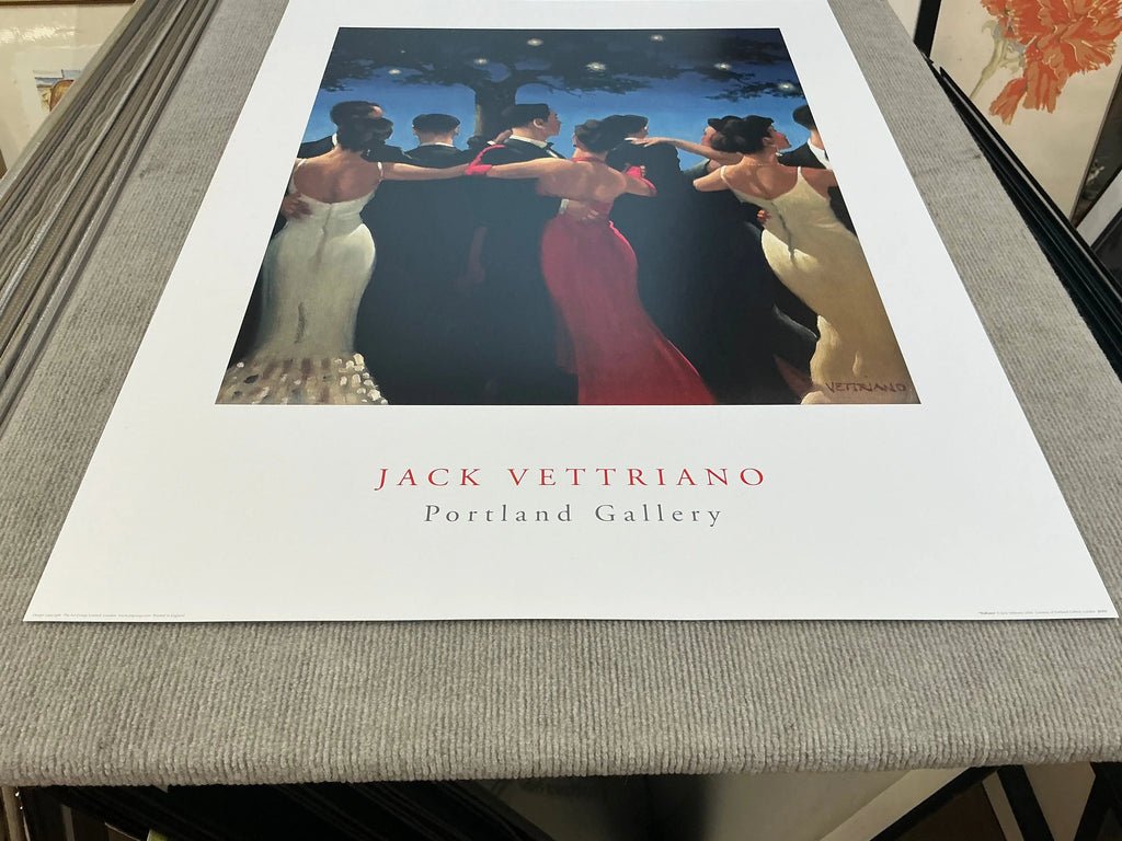 Large offset lithograph of Jack Vettriano's Waltzers 2000 romantic art print, featuring a couple dancing in an elegant scene.