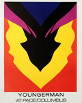 Original Jack Youngerman abstract lithograph art poster from 1977, showcasing vibrant geometric shapes and bold colors.