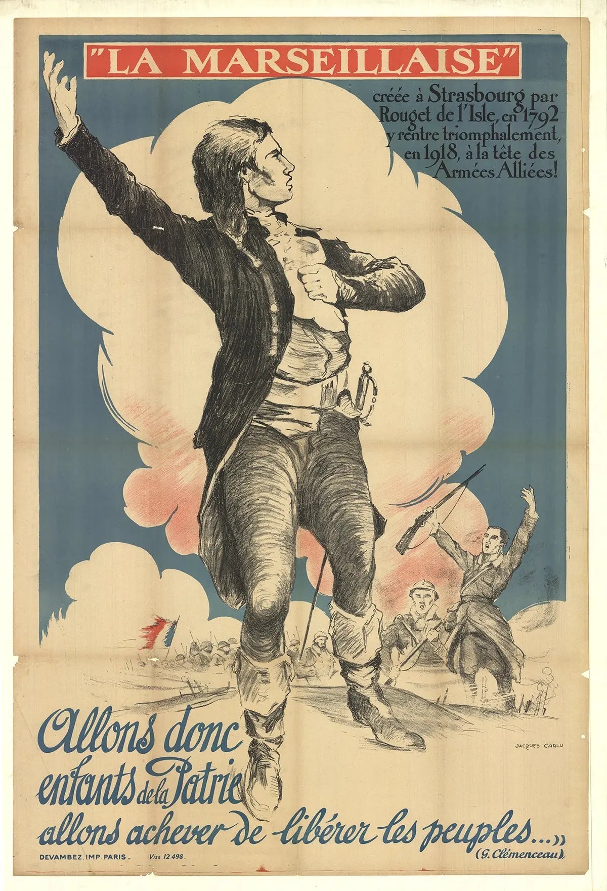 French WWI propaganda poster by Jacques Carlu, titled La Marseillaise 1915, featuring patriotic imagery and bold text.