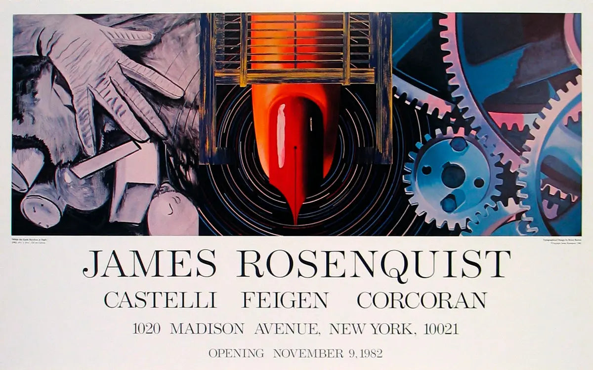 James Rosenquist 1982 offset lithograph poster titled "While the Earth Revolved at Night" showing vibrant cosmic artwork.