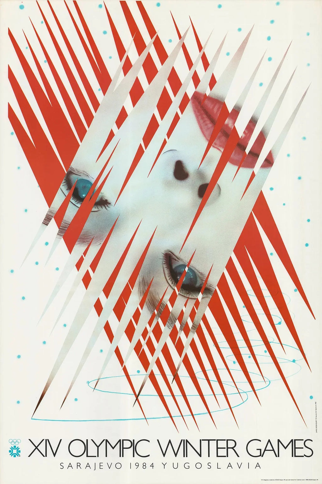 James Rosenquist 1984 Olympic Winter Games Sarajevo lithograph poster showcasing colorful abstract design and Olympic imagery.
