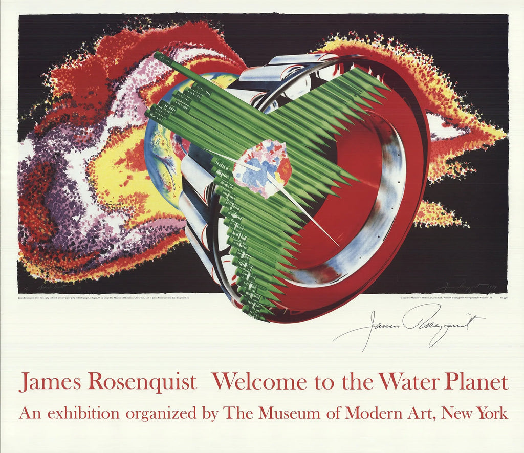 Signed James Rosenquist Space Dust 1990 MoMA exhibition offset lithograph with bold, abstract artwork and signature visible.
