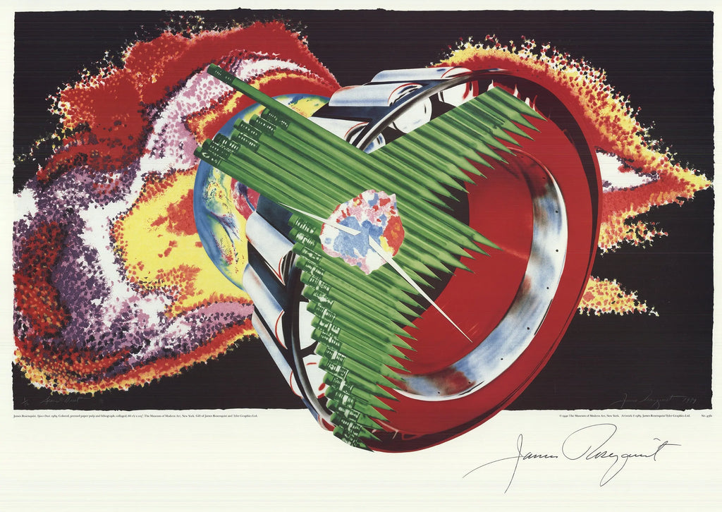 Signed James Rosenquist Space Dust 1990 MoMA exhibition offset lithograph showcasing vibrant abstract artwork on paper.