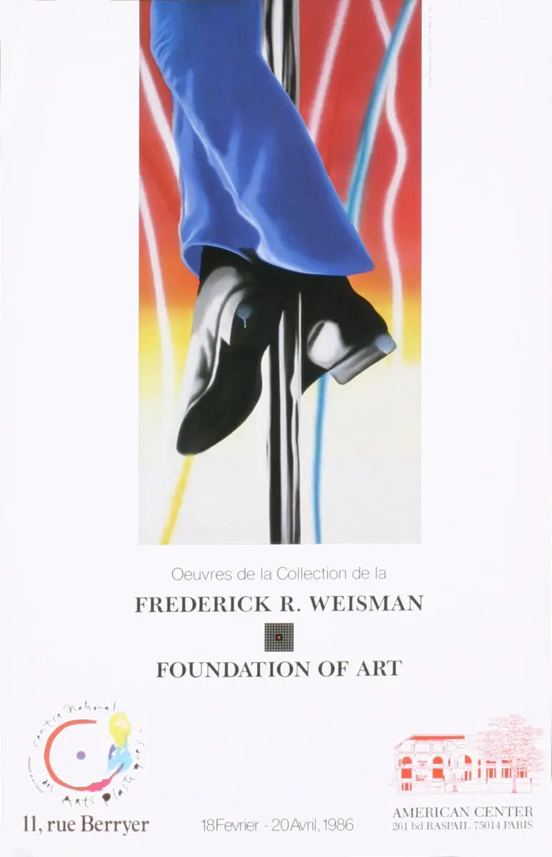 Original James Rosenquist Study for Fire Pole 1986 exhibition poster featuring abstract artwork and vibrant colors.