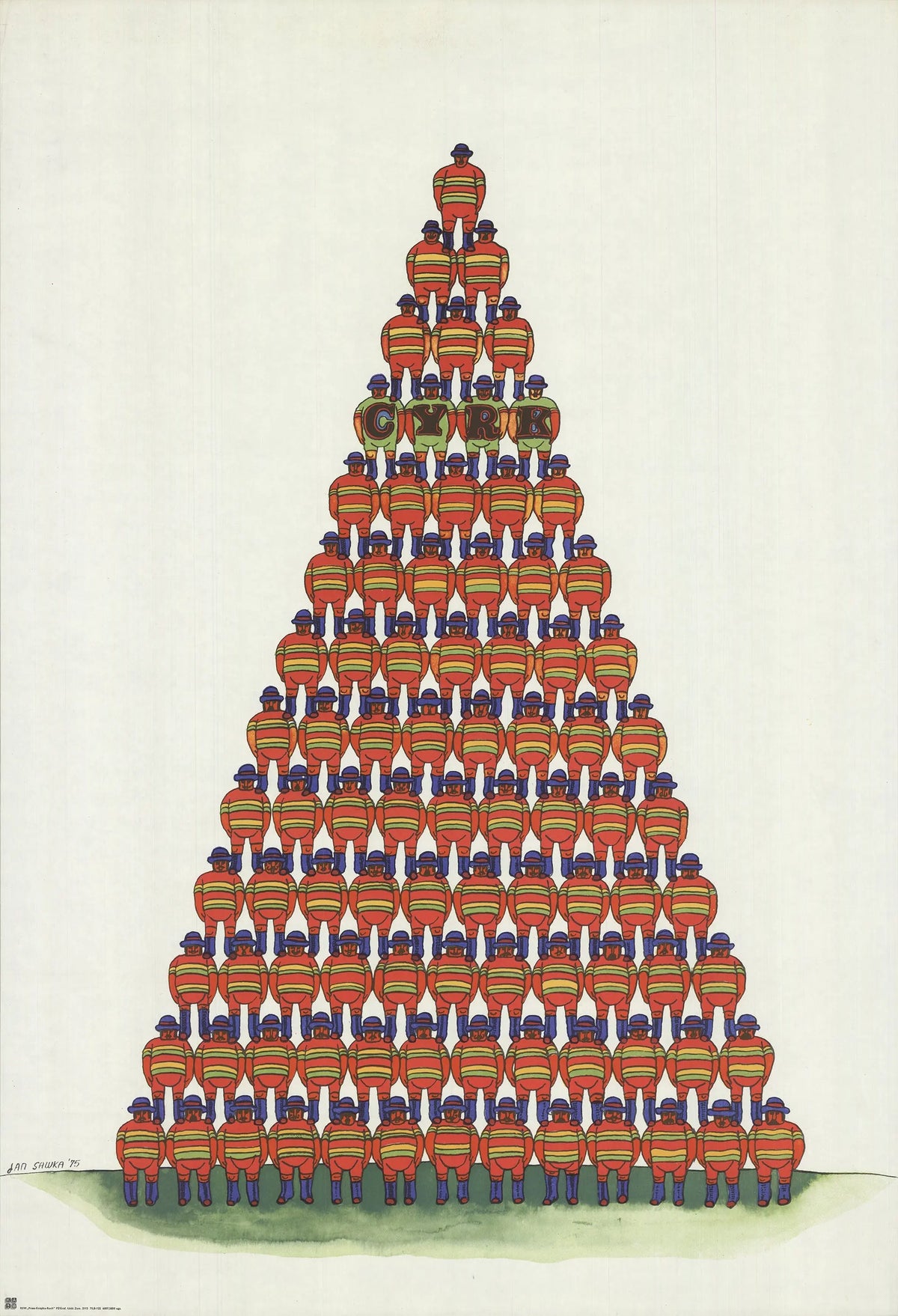 Original lithograph poster by Jan Sawka featuring a circus pyramid of acrobats, 1975, showcasing vibrant acrobatic performance art.