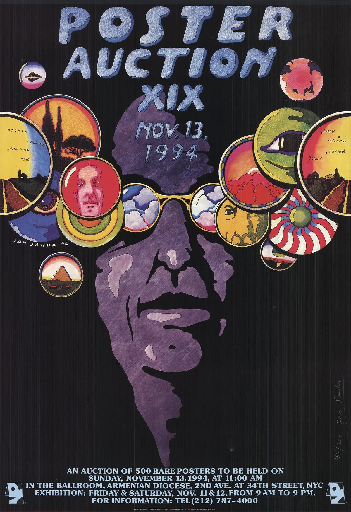 Signed Jan Sawka poster from Auction XIX, 1994, limited edition lithograph with intricate artwork by the artist.