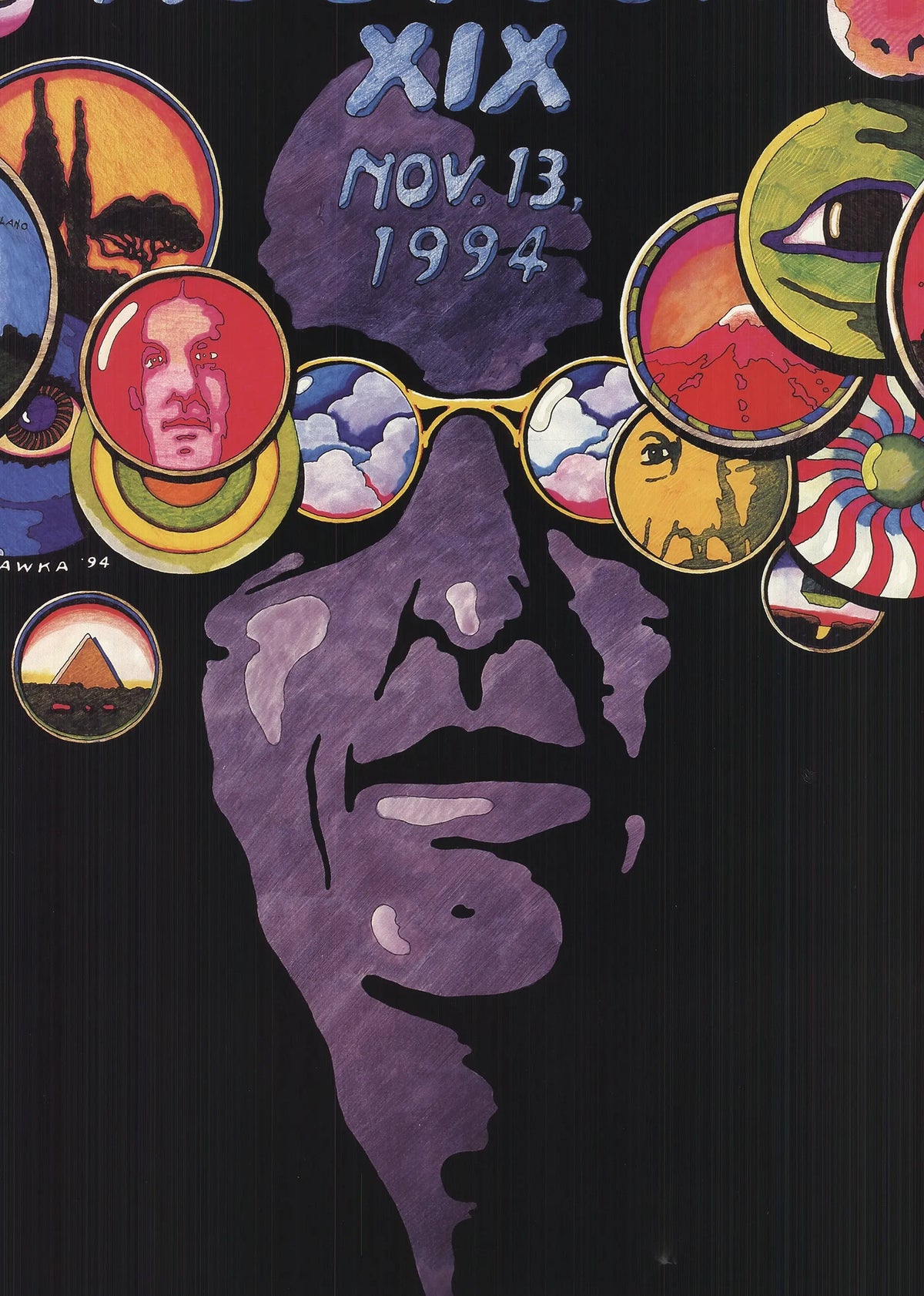 Jan Sawka signed limited edition lithograph poster from Auction XIX 1994, featuring intricate artwork and bold colors.