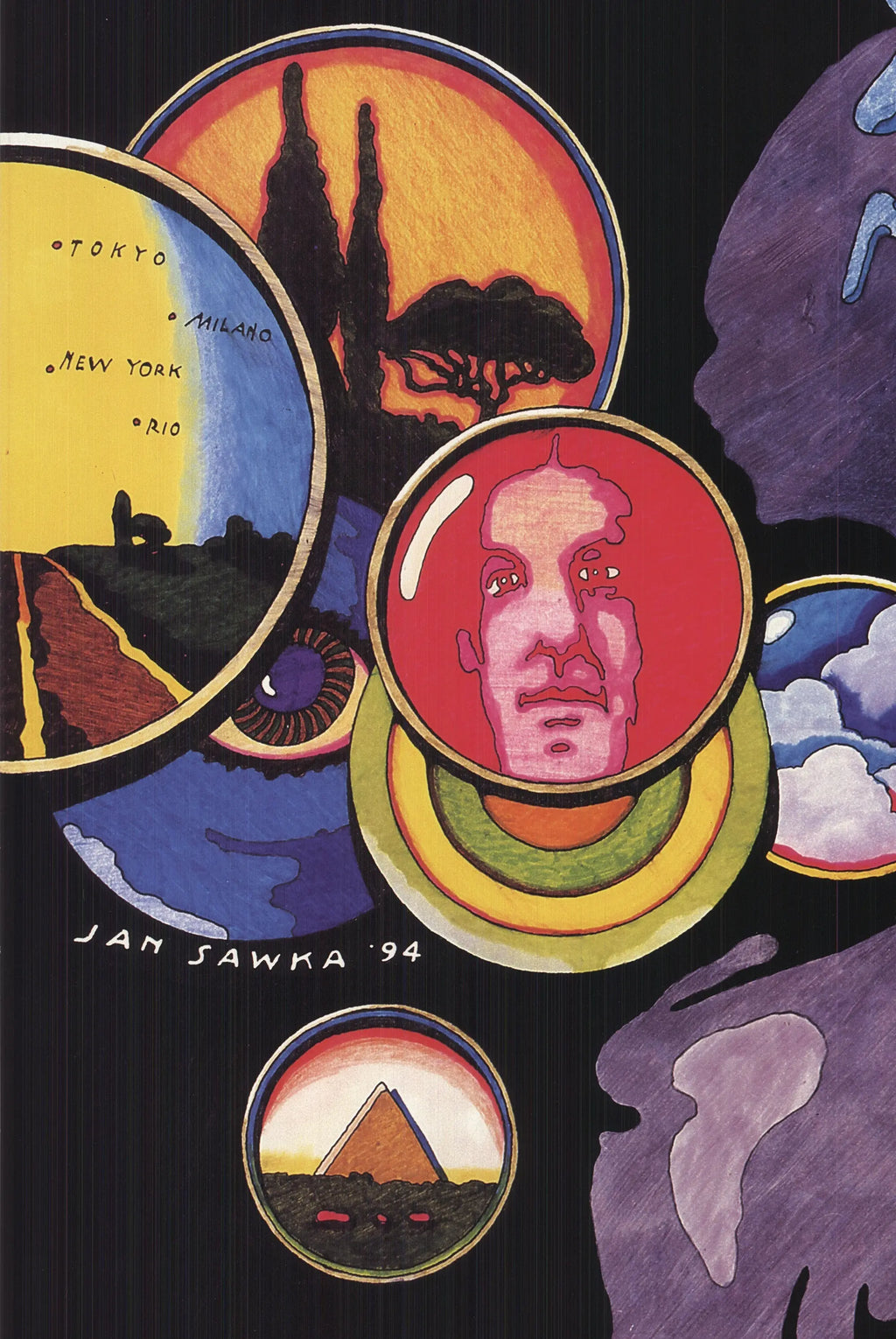 Jan Sawka signed limited edition lithograph poster from Auction XIX 1994, featuring intricate artwork and bold colors.