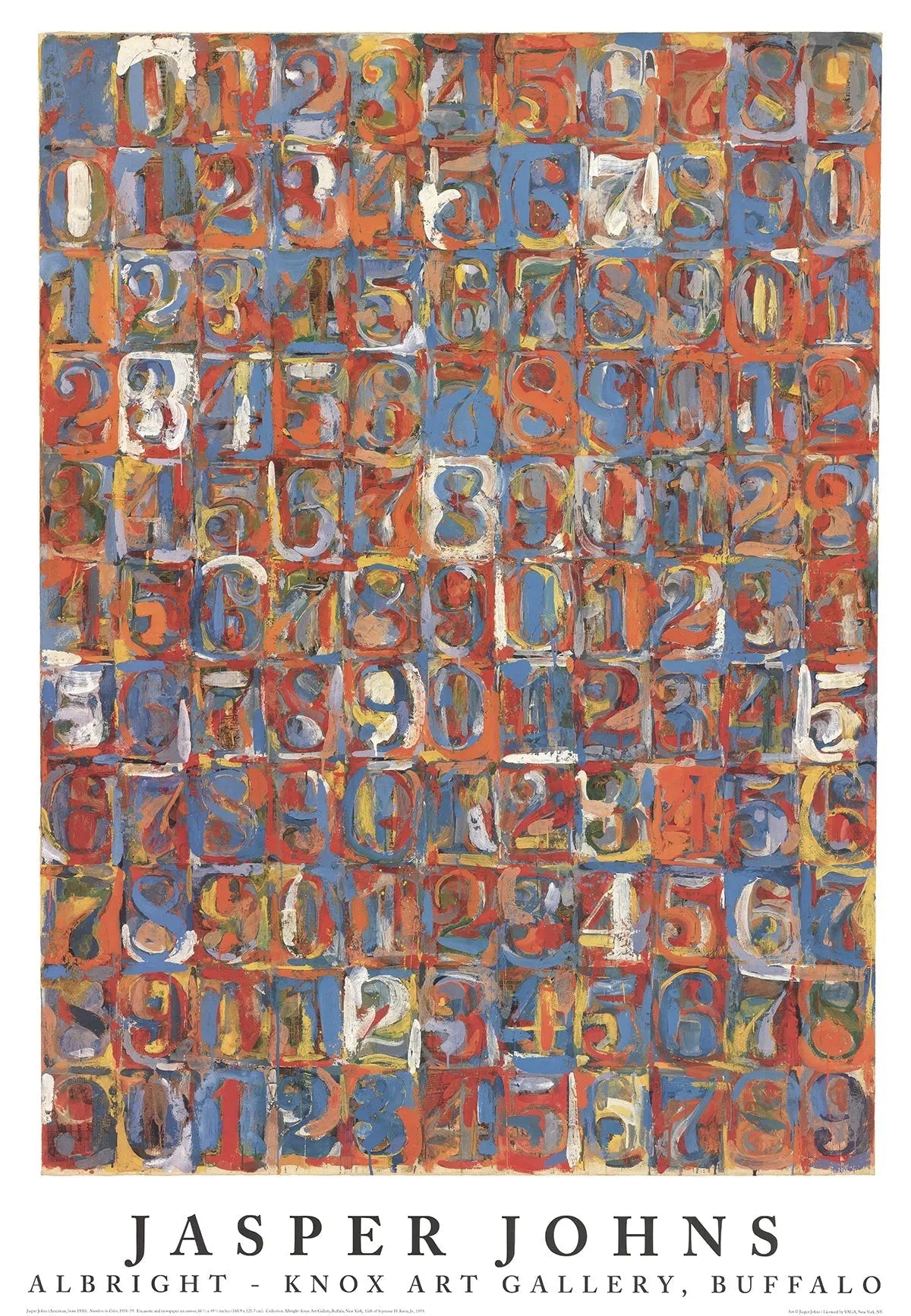 Vintage offset lithograph art poster of Jasper Johns' Numbers in Colour 1976, featuring bold, colorful number designs.