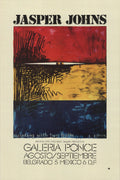 Jasper Johns painting with two balls exhibition poster, featuring abstract art and bold imagery, displayed at Galería Ponce.