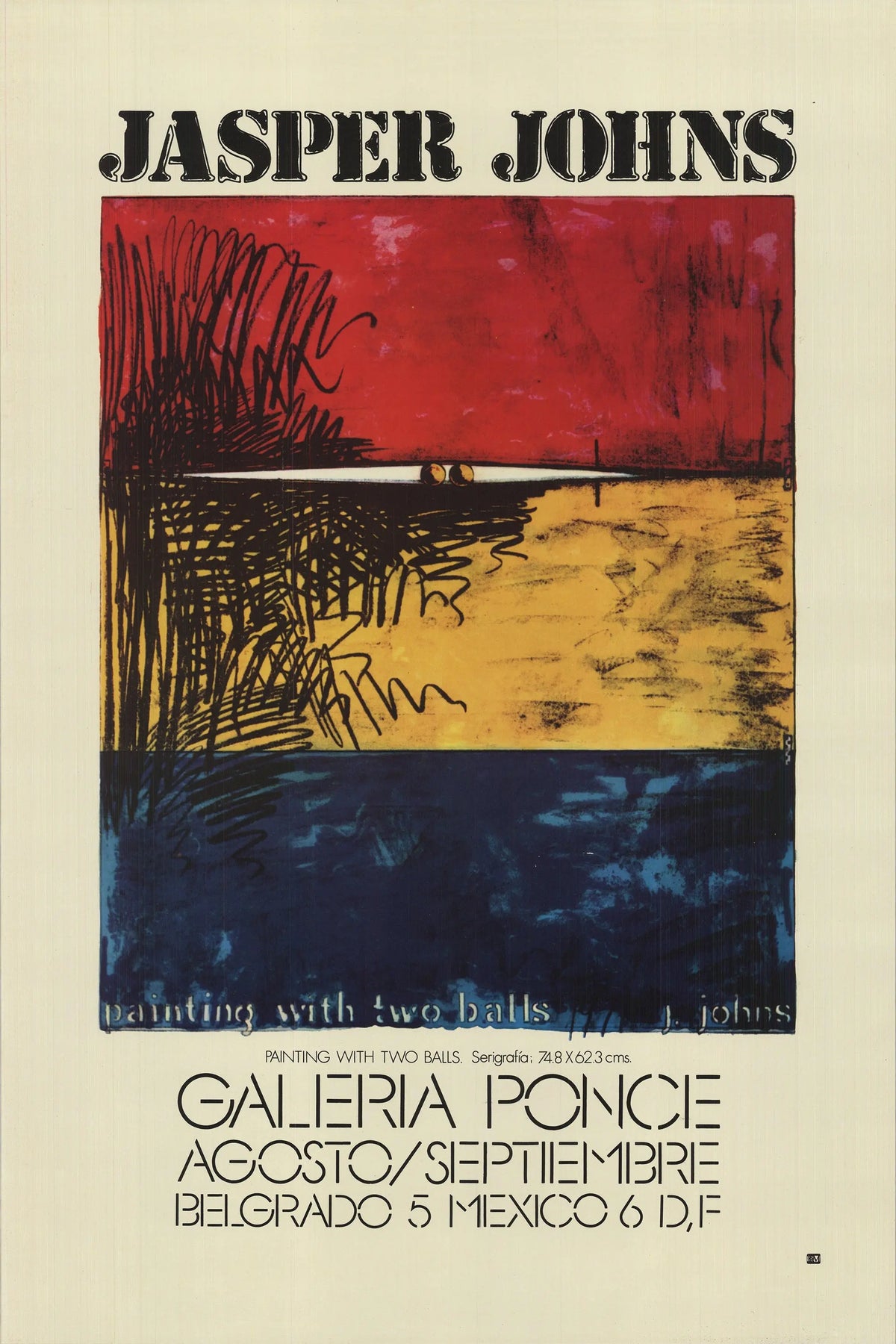 Jasper Johns painting with two balls exhibition poster, featuring abstract art and bold imagery, displayed at Galería Ponce.