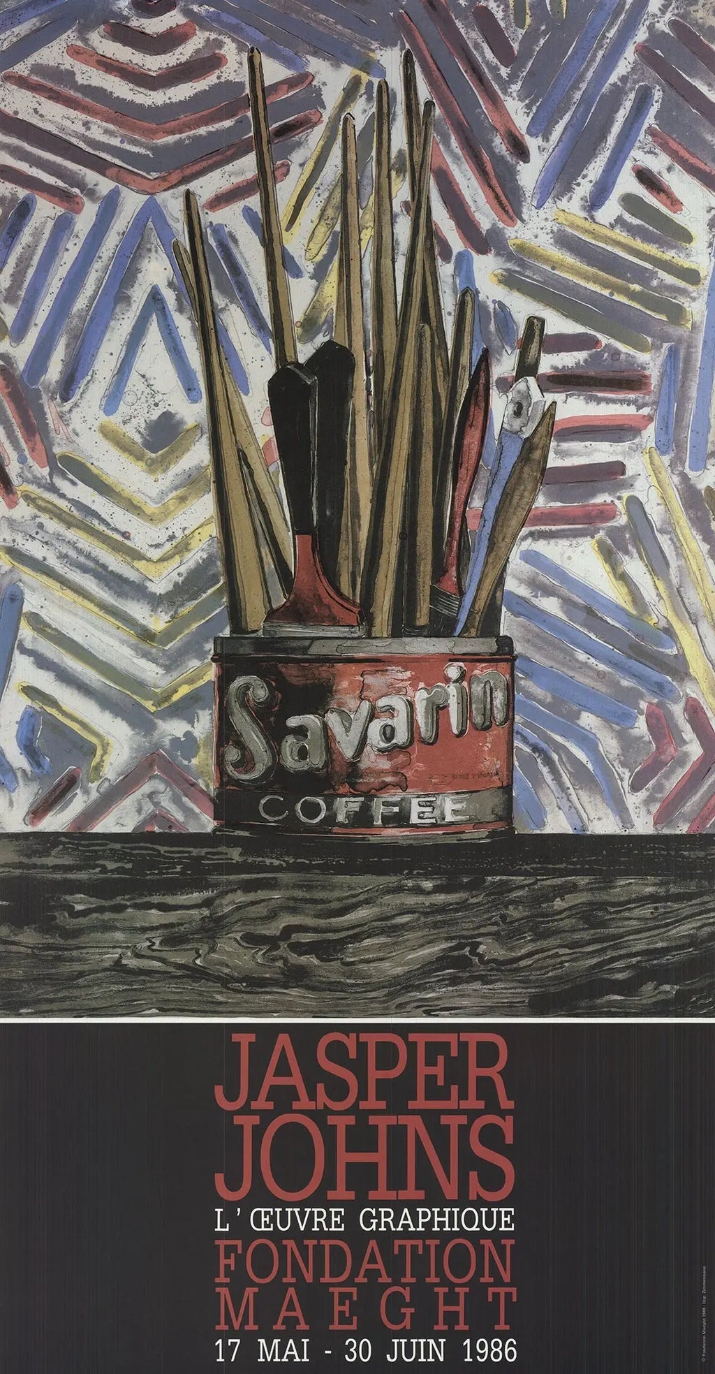Jasper Johns Savarin Cans 1986 limited edition offset lithograph poster, featuring bold abstract artwork by Jasper Johns.