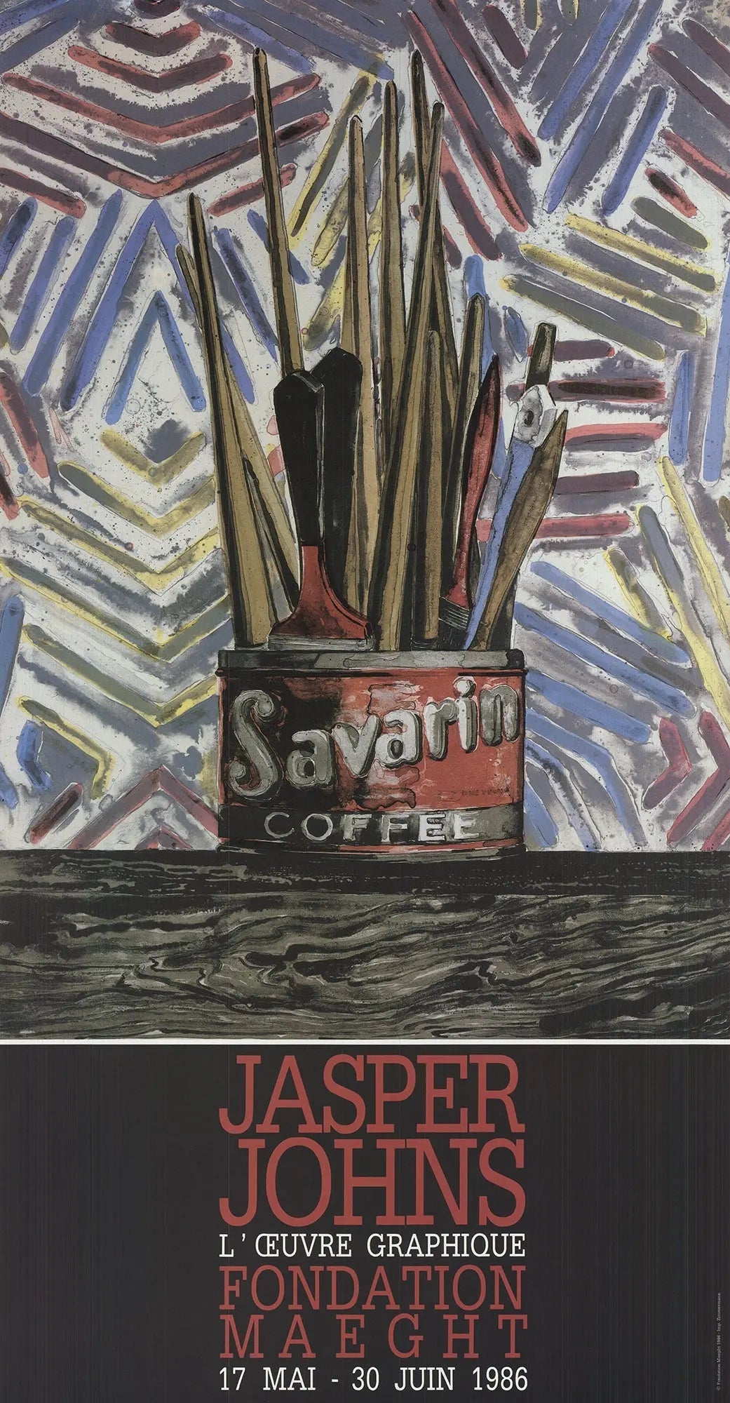 Jasper Johns Savarin Cans 1986 limited edition offset lithograph poster, featuring bold abstract artwork by Jasper Johns.