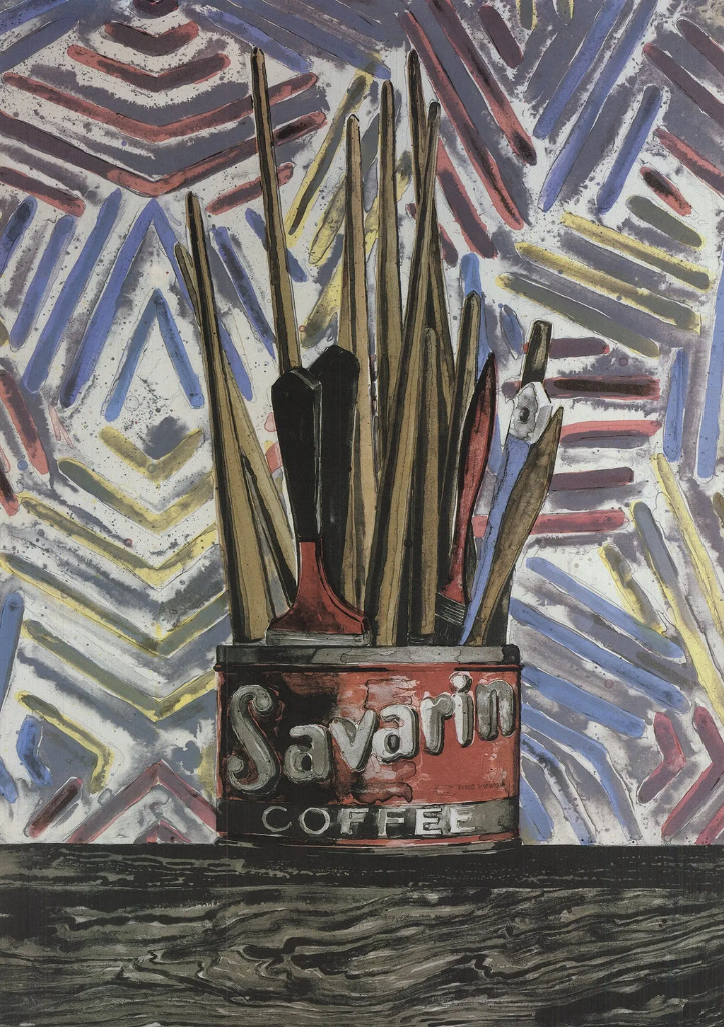 Jasper Johns Savarin Cans 1986 limited edition offset lithograph poster, featuring vibrant abstract artwork by Jasper Johns.