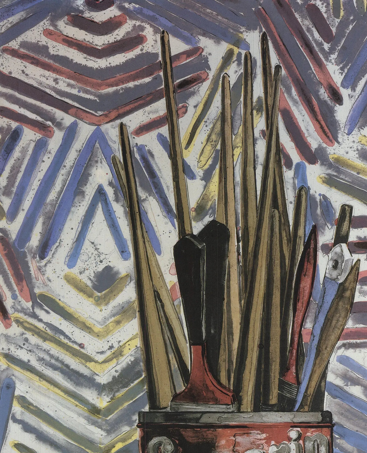 Jasper Johns Savarin Cans 1986 limited edition offset lithograph poster, featuring vibrant artwork by Jasper Johns.