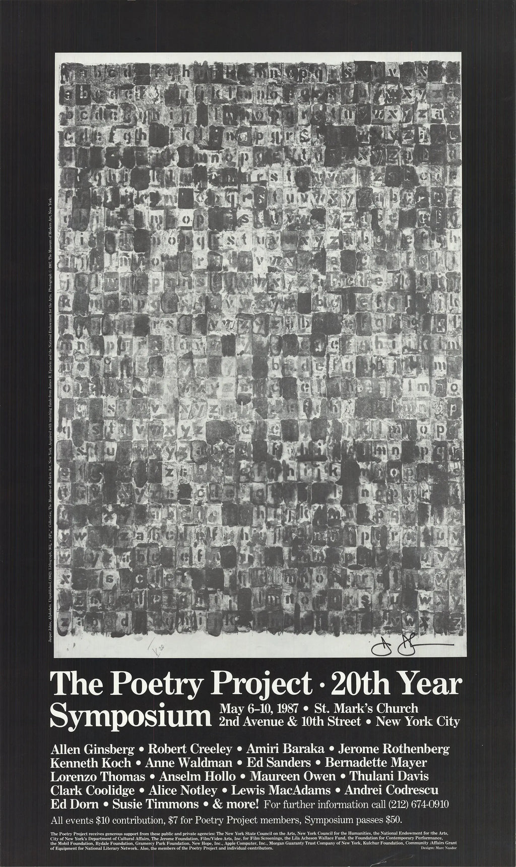 Jasper Johns signed Alphabets 1987 original offset lithograph art poster featuring colorful alphabet designs and signature.