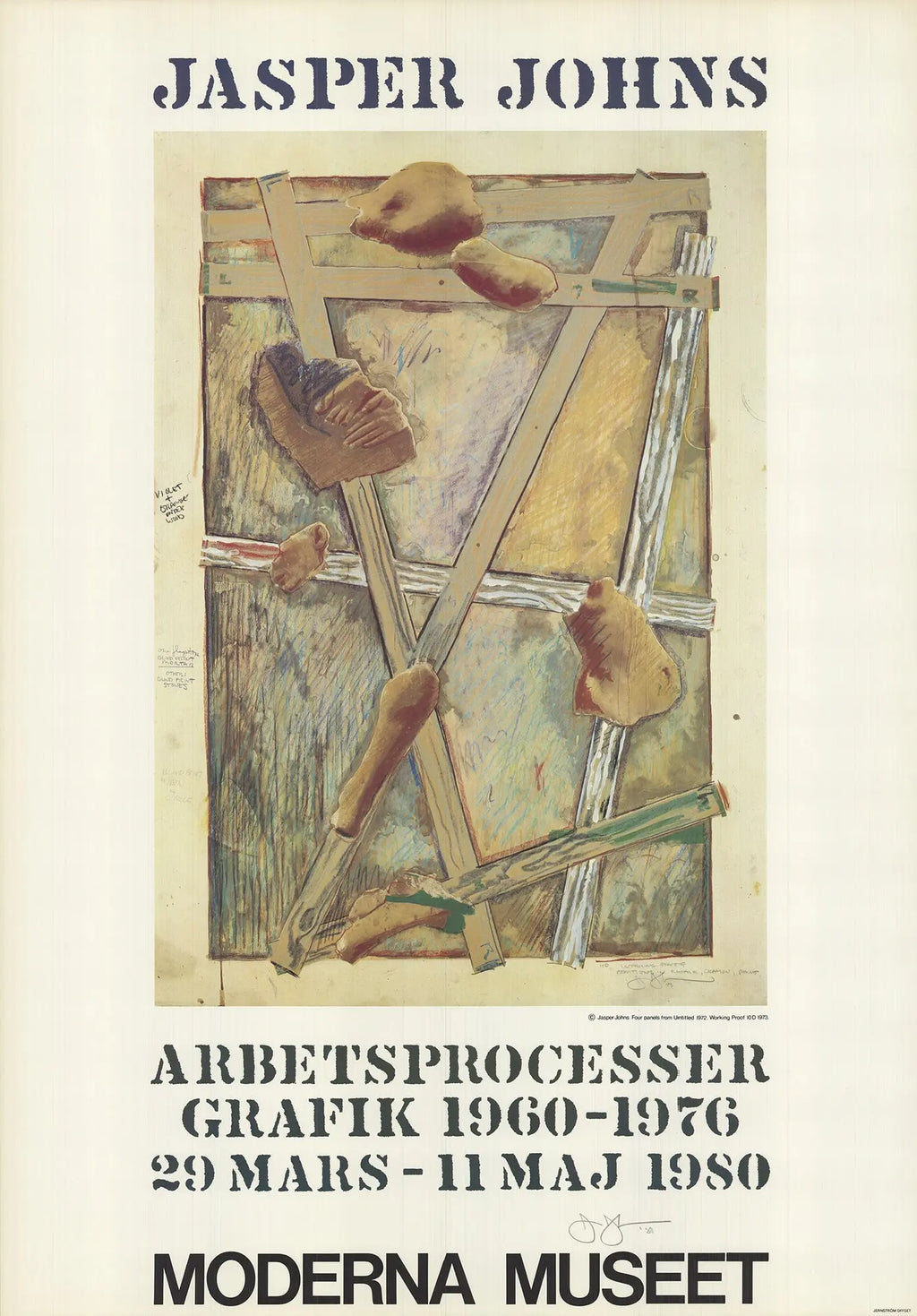 Jasper Johns signed Works in Progress 1980 offset lithograph exhibition poster displaying abstract art and signature in black ink.