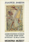 Jasper Johns signed Works in Progress 1980 offset lithograph exhibition poster displaying abstract art and signature in black ink.
