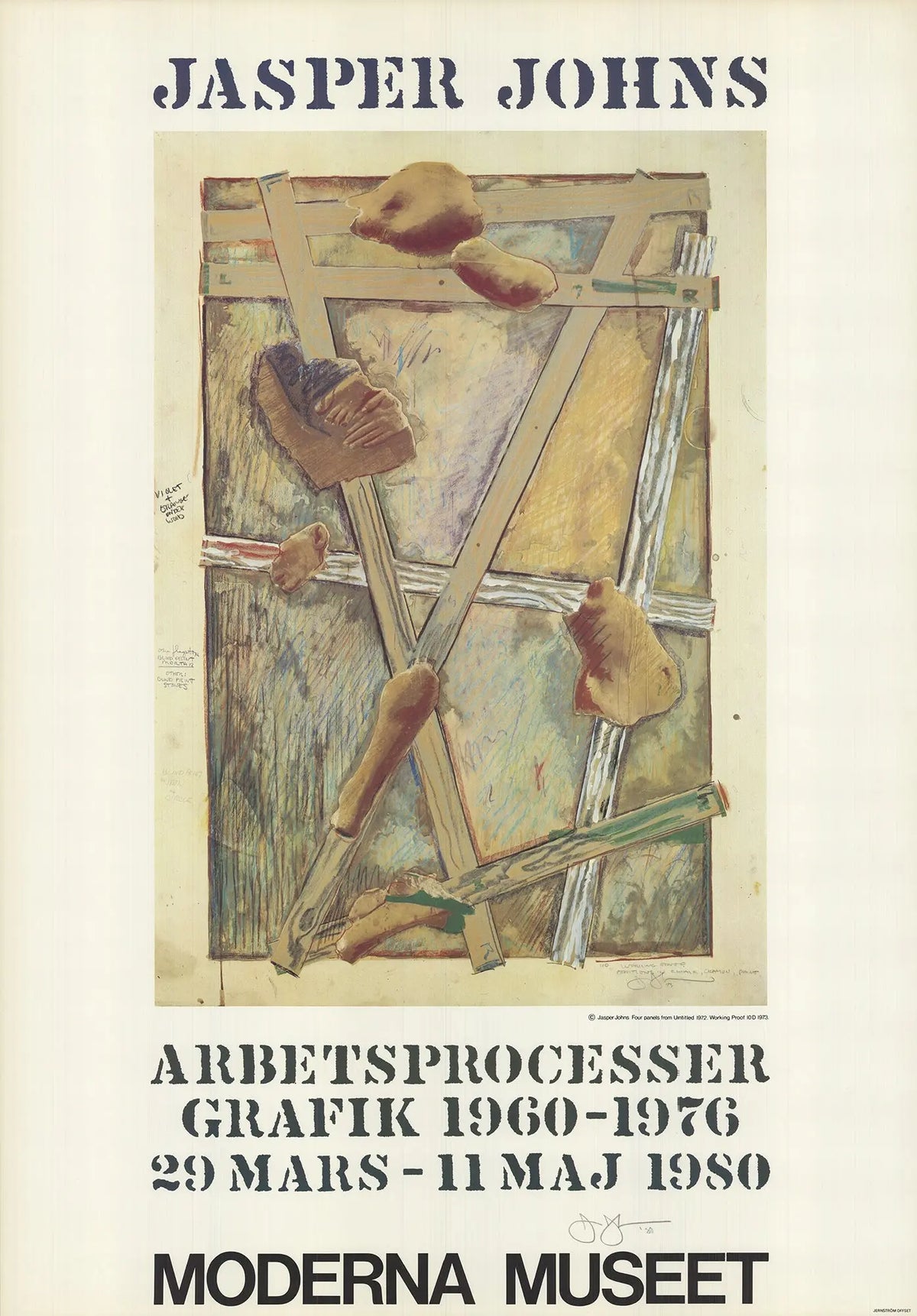 Jasper Johns signed Works in Progress 1980 offset lithograph exhibition poster displaying abstract art and signature in black ink.