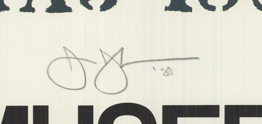 Jasper Johns signed Works in Progress 1980 offset lithograph exhibition poster showing abstract artwork and bold text.
