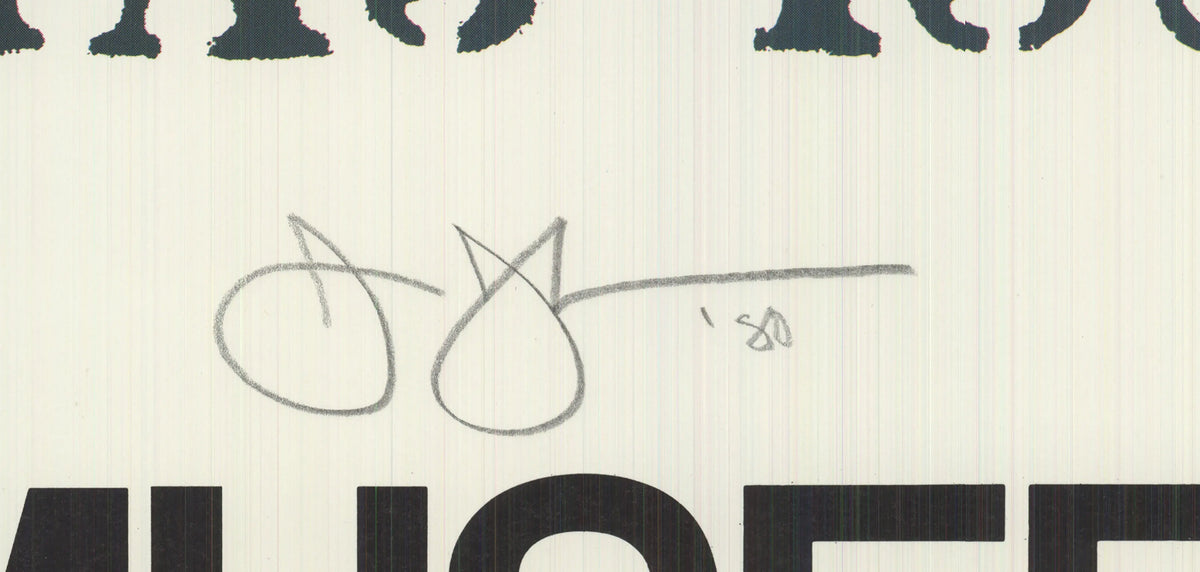 Jasper Johns signed Works in Progress 1980 offset lithograph exhibition poster showing abstract artwork and bold text.