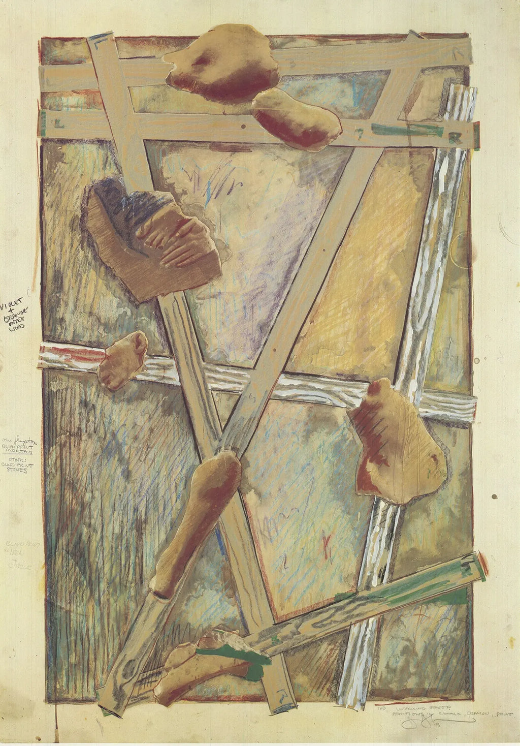 Jasper Johns signed Works in Progress 1980 offset lithograph exhibition poster featuring abstract artwork and bold text.